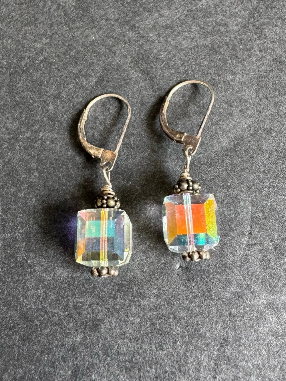 Vintage AB Crystal Cube Earrings Sterling Silver Iridescent Aurora Borealis